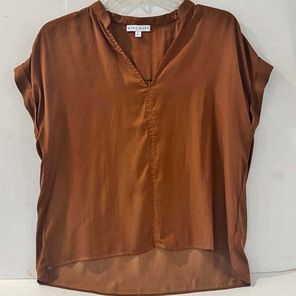 Miou Muse Womens Blouse Copper Brown Short Cap Sleeve V-Neck S